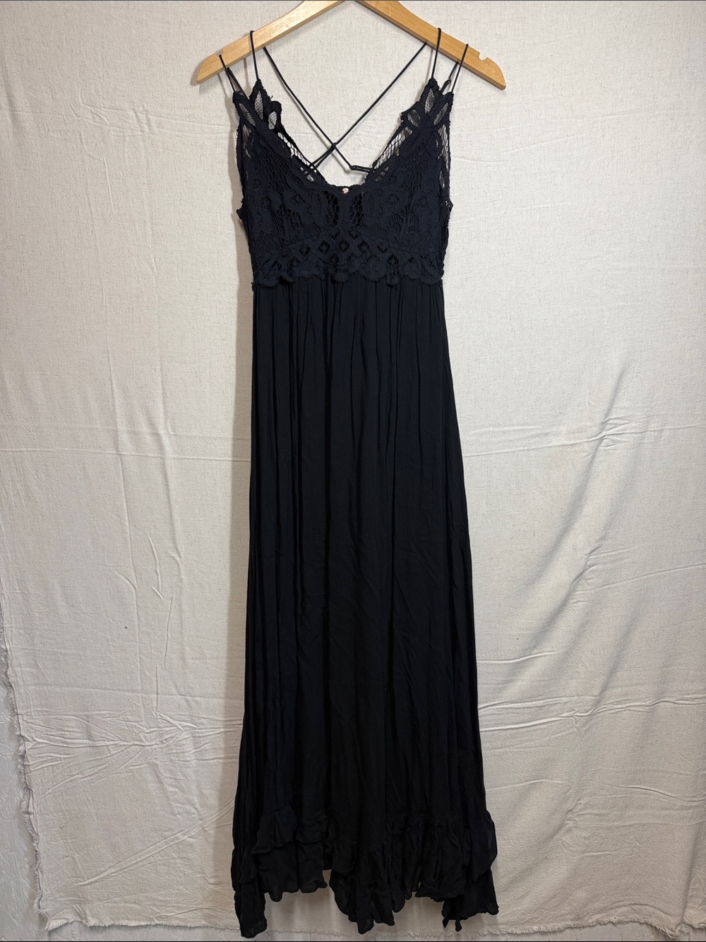 Free People Black Lace-Front Maxi Dress with Crisscross Straps
